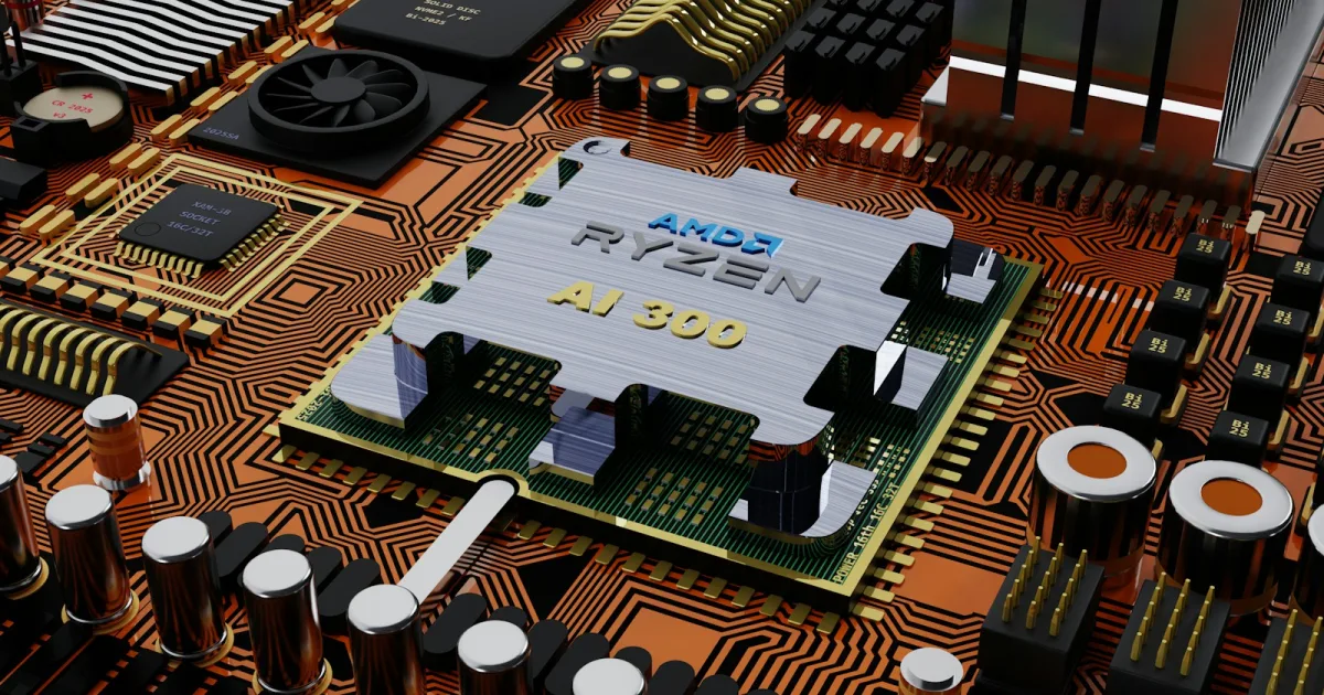 Close-up of a computer motherboard and processor with visible circuit traces