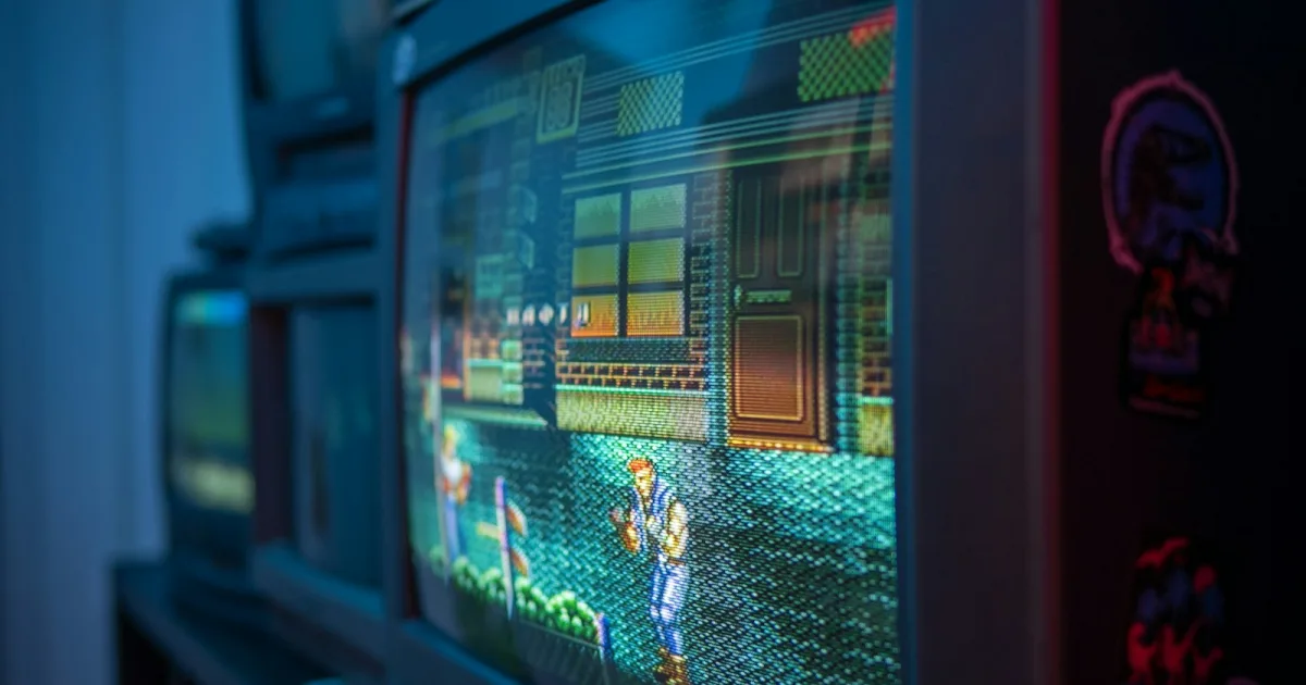 A stack of vintage CRT televisions, one displaying a retro side-scrolling video game