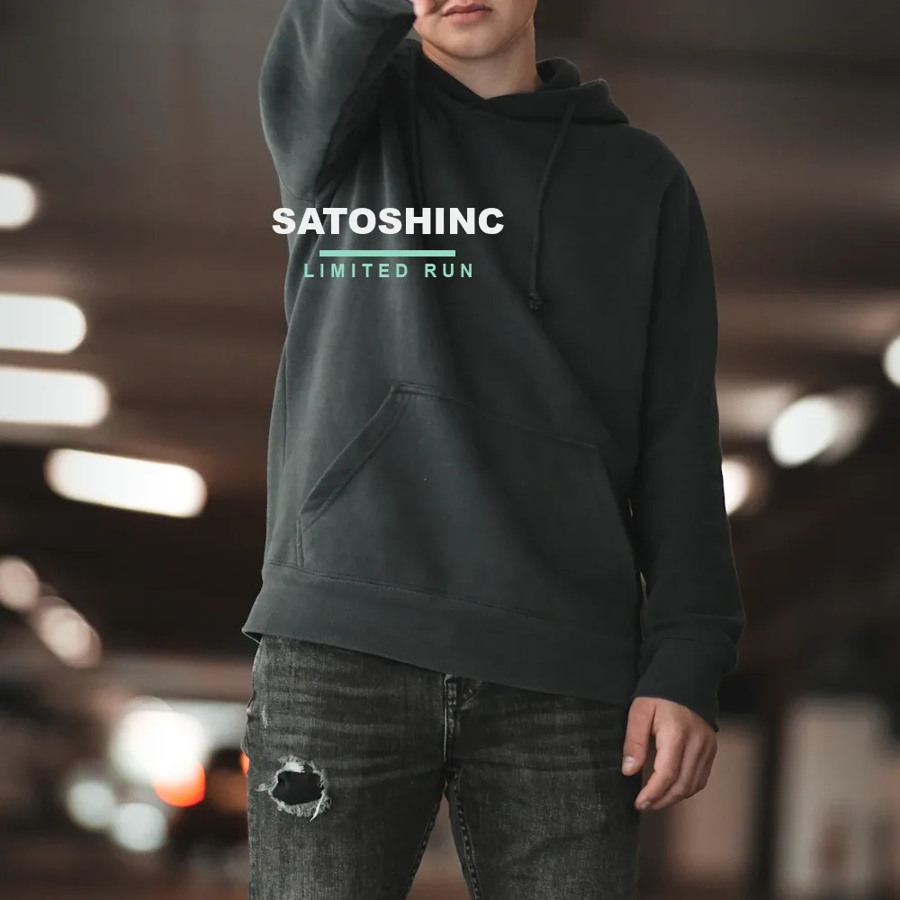 Black heavyweight hoodie with Satoshinc wordmark and Limited Run tag screen-printed on the chest