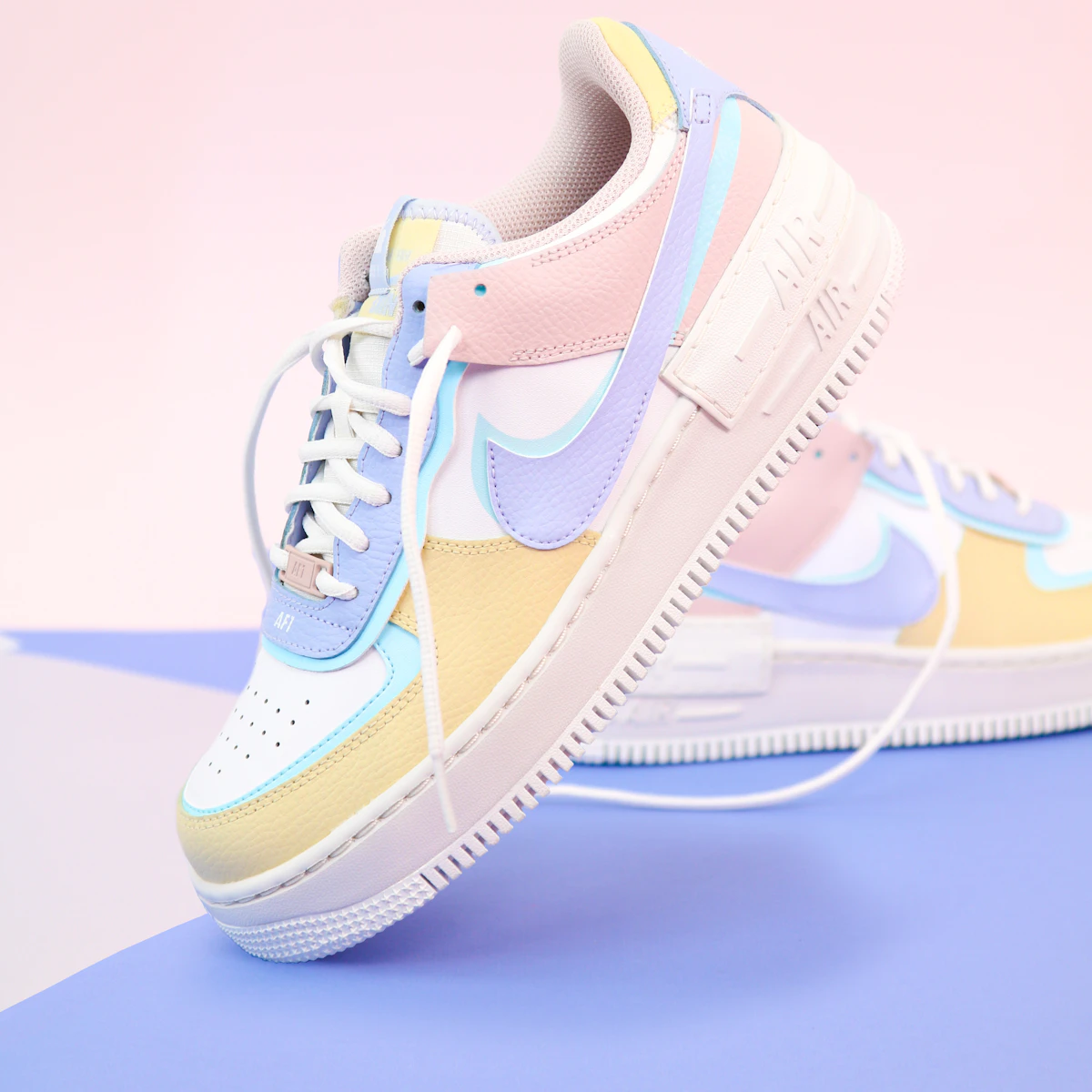 Nike Air Force 1 Shadow sneakers in pastel lilac, blue, lemon and blush panels